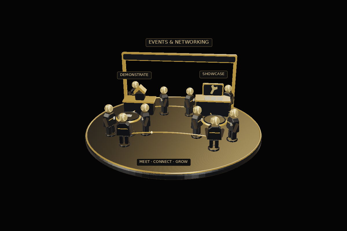 Ten attendees connect around conversation tables, a practical demonstration and a supplier display at a PropertyPlus event. Drag or use arrow keys to turn it. Press Home to reset.