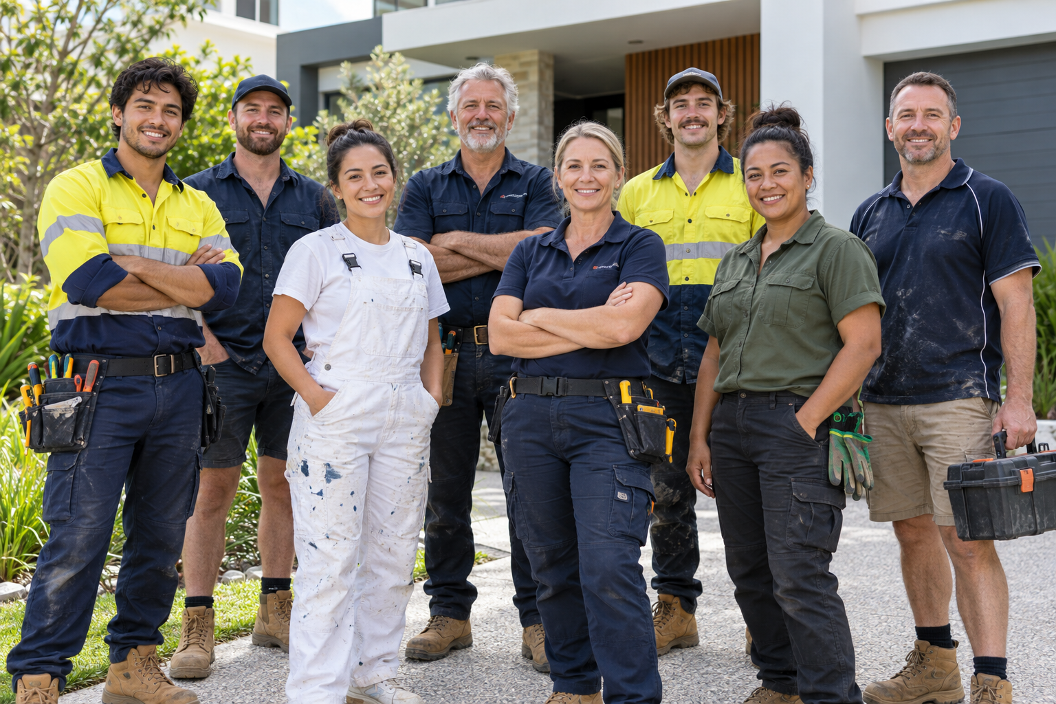 Illustrative photo of a team of tradies from different professions outside a property.