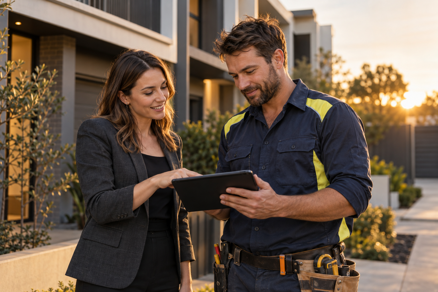 Illustrative photo of a property manager and tradesperson reviewing work together.