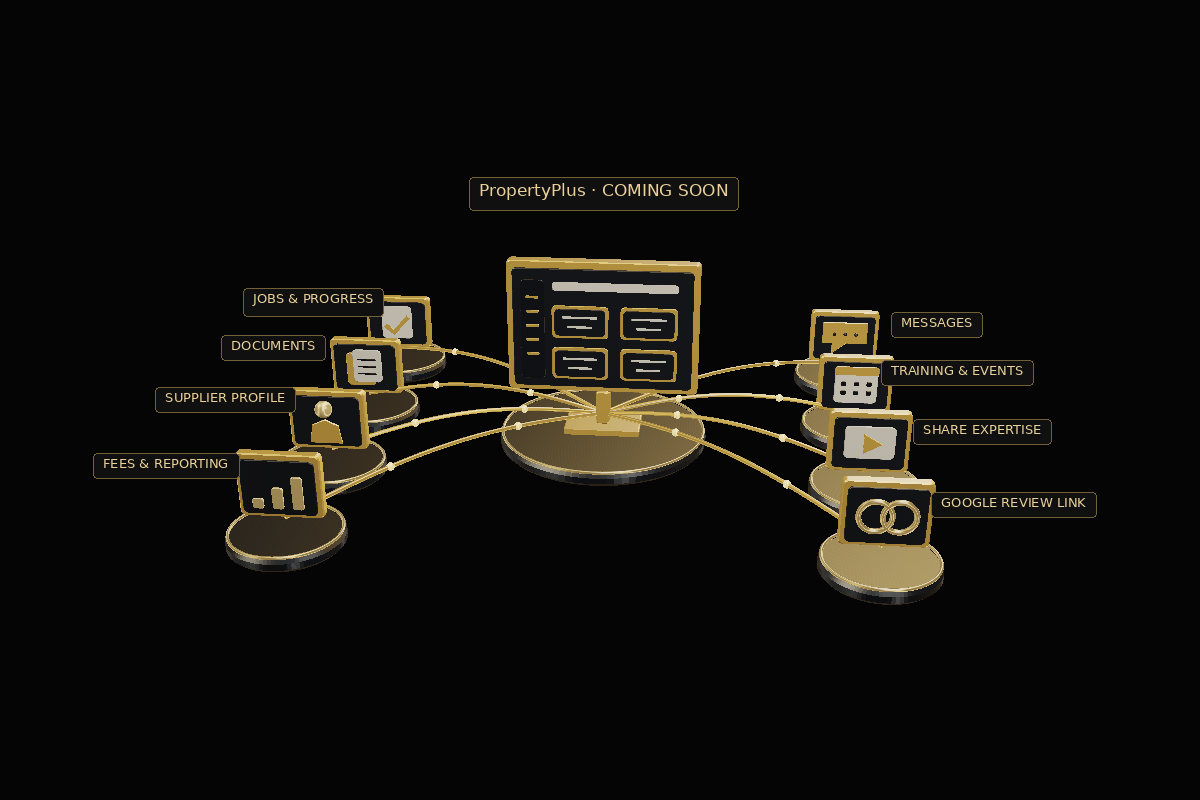 A planned PropertyPlus dashboard connected to jobs, documents, supplier profiles, reporting, messages, training and events, shared expertise and Google review links. Drag or use arrow keys to turn it. Press Home to reset.