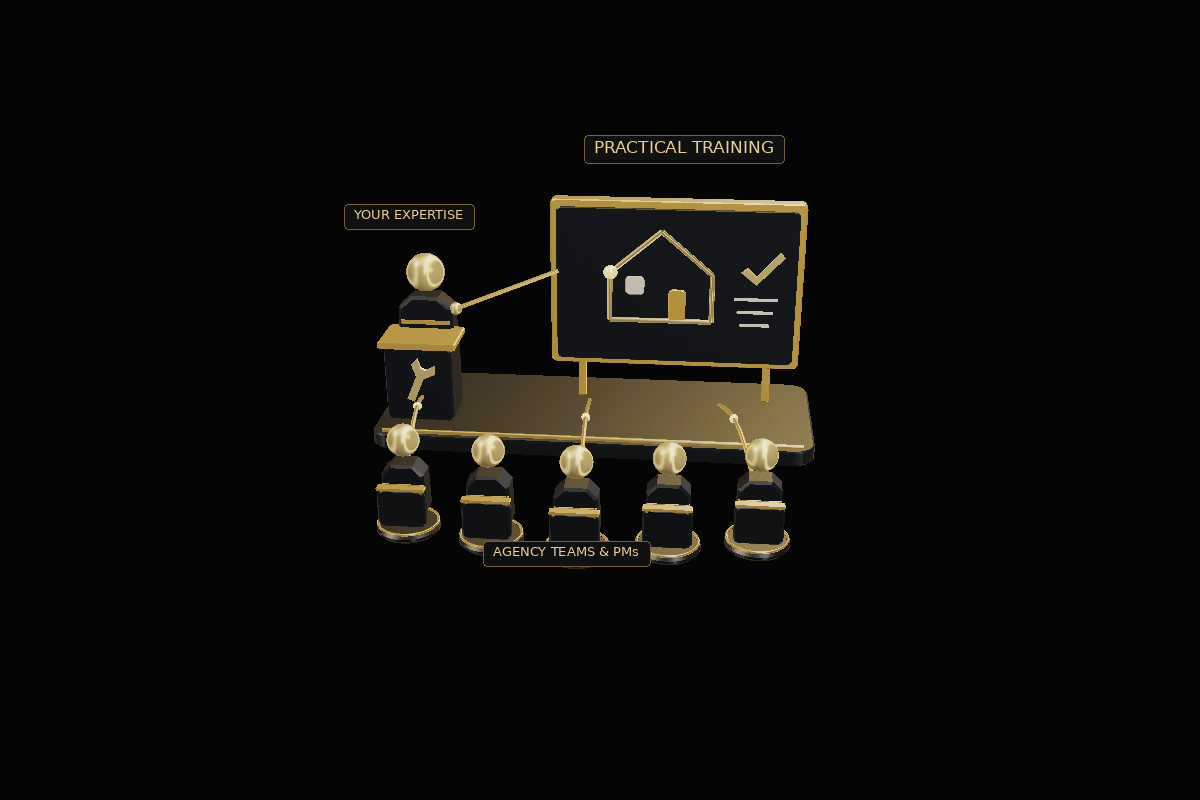 A supplier presenter explains a property demonstration to five agency team members. Drag or use arrow keys to turn it. Press Home to reset.